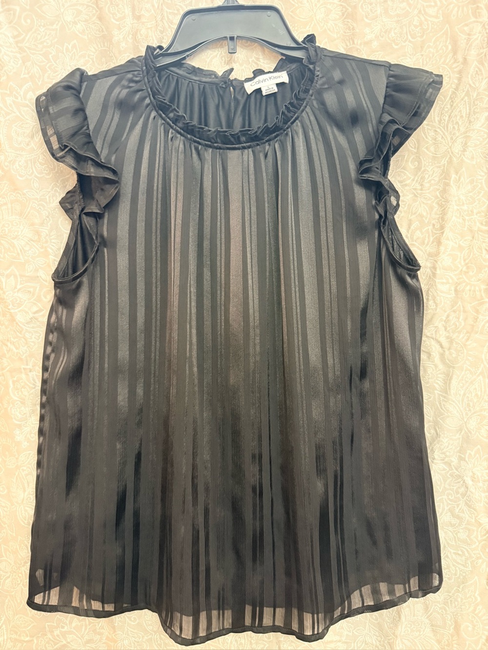 Calvin Klein Black Sheer Vertical Stripe Ruffle Sleeve Blouse